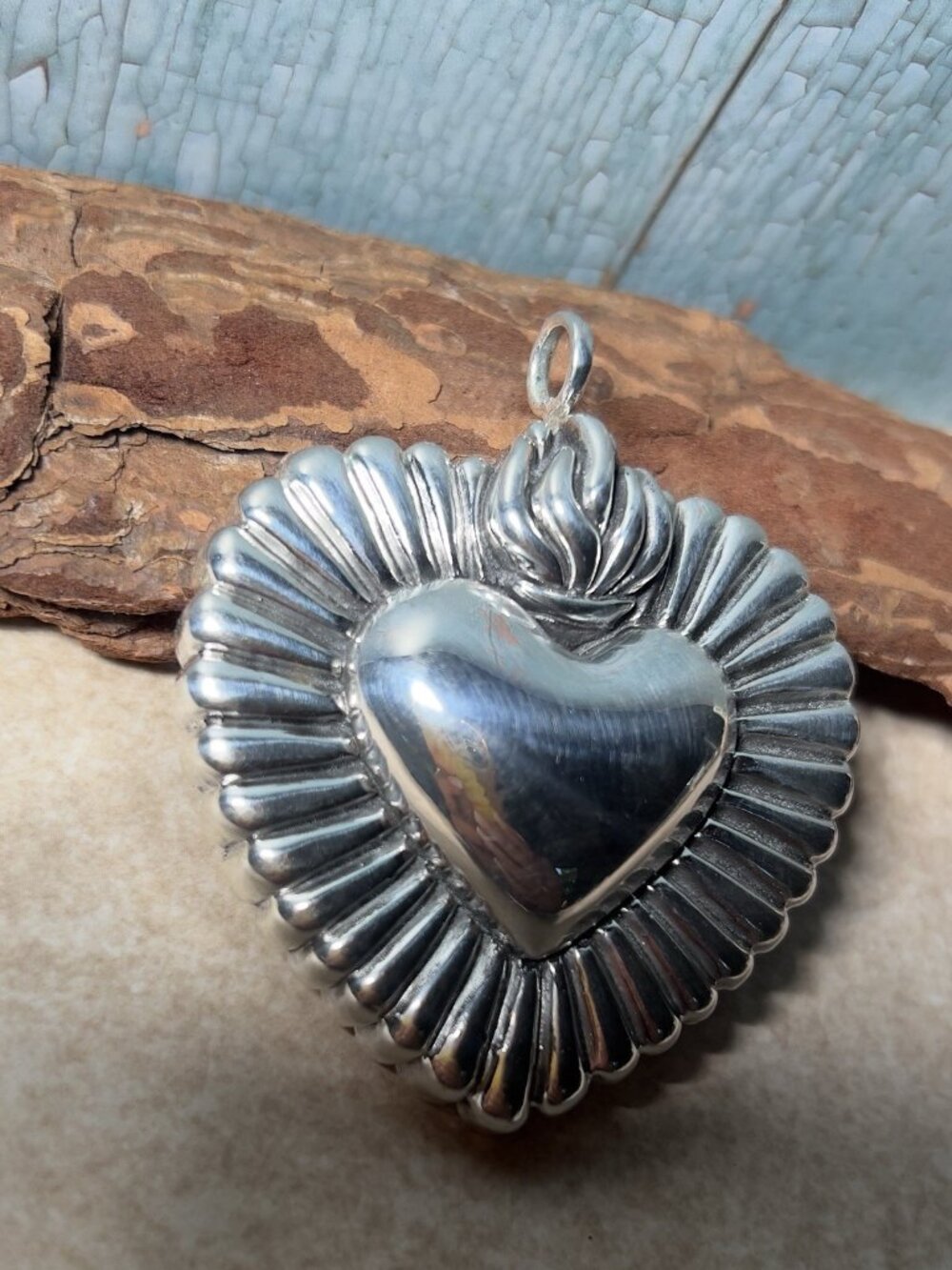 925 Sterling Silver Sacred Heart Flame Pendant Artisan 2.5”